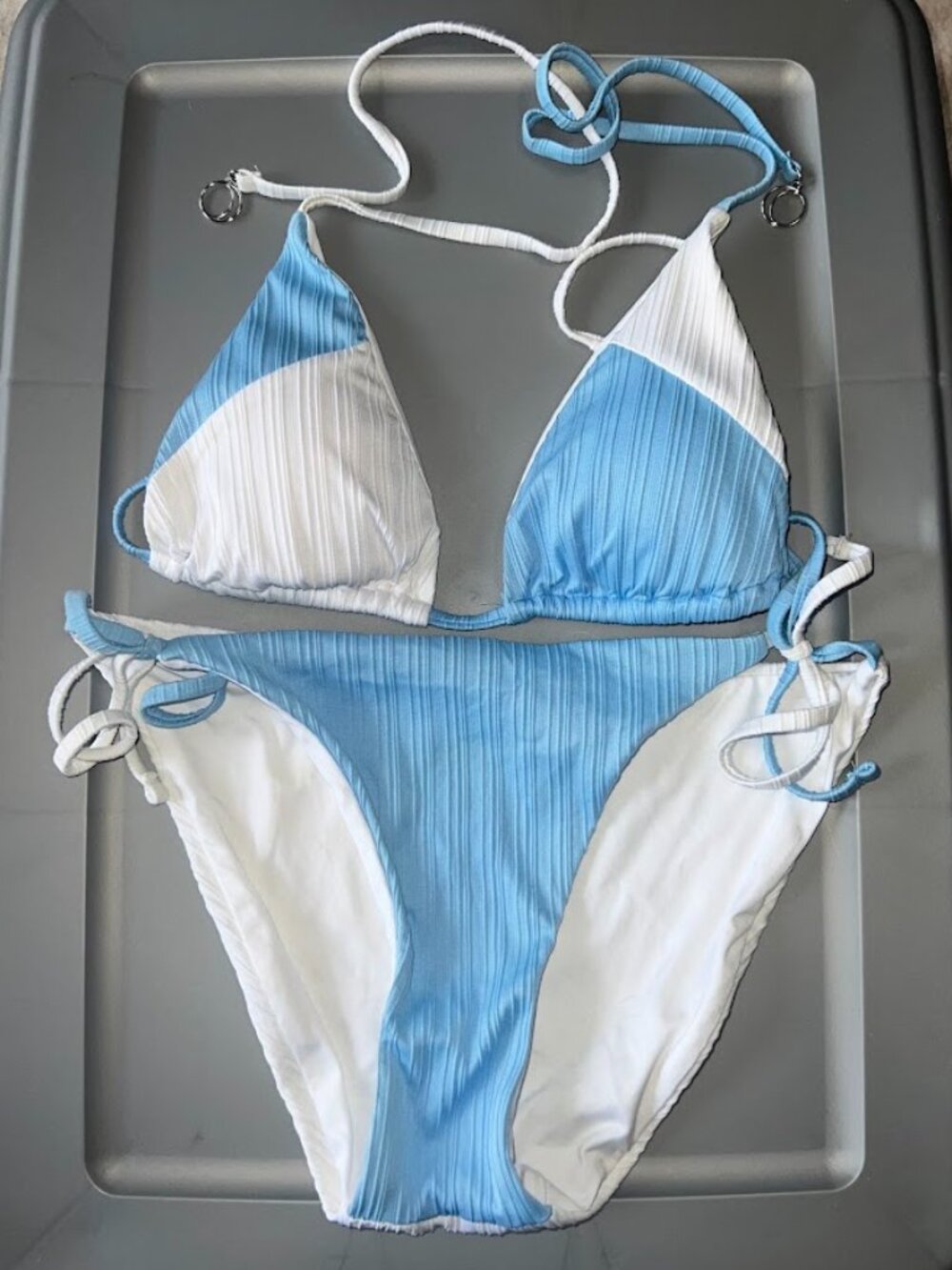 NWT Soluna Swim Ribbed Colorblock String Bikini Set, Blue/White - Size Medium